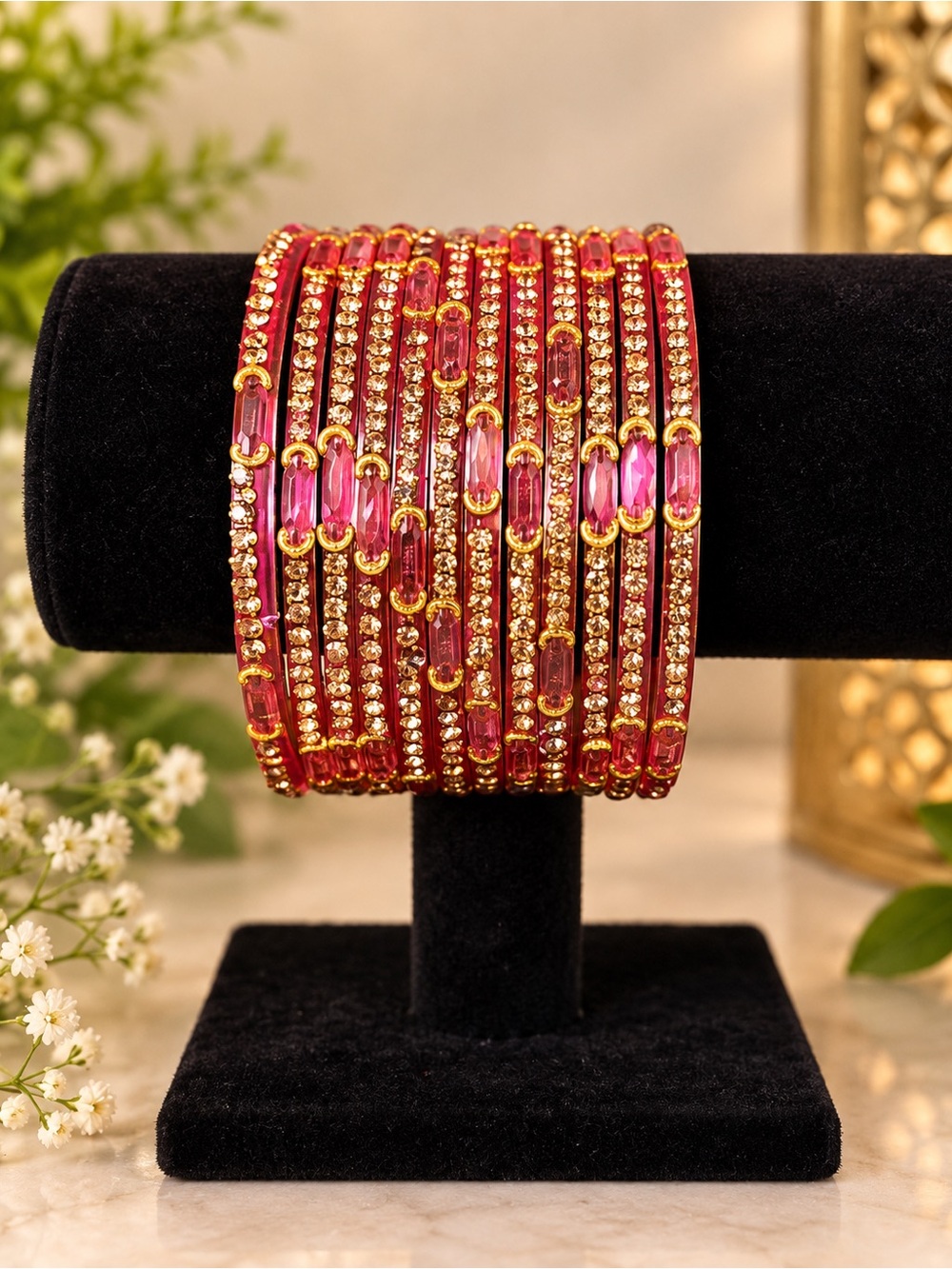 Gold-Trim Pink Crystal Bangle Set - Women Jewelry